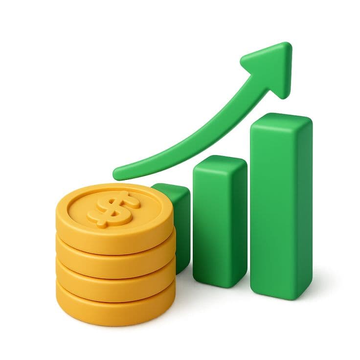 Coins stacked beside a rising bar chart